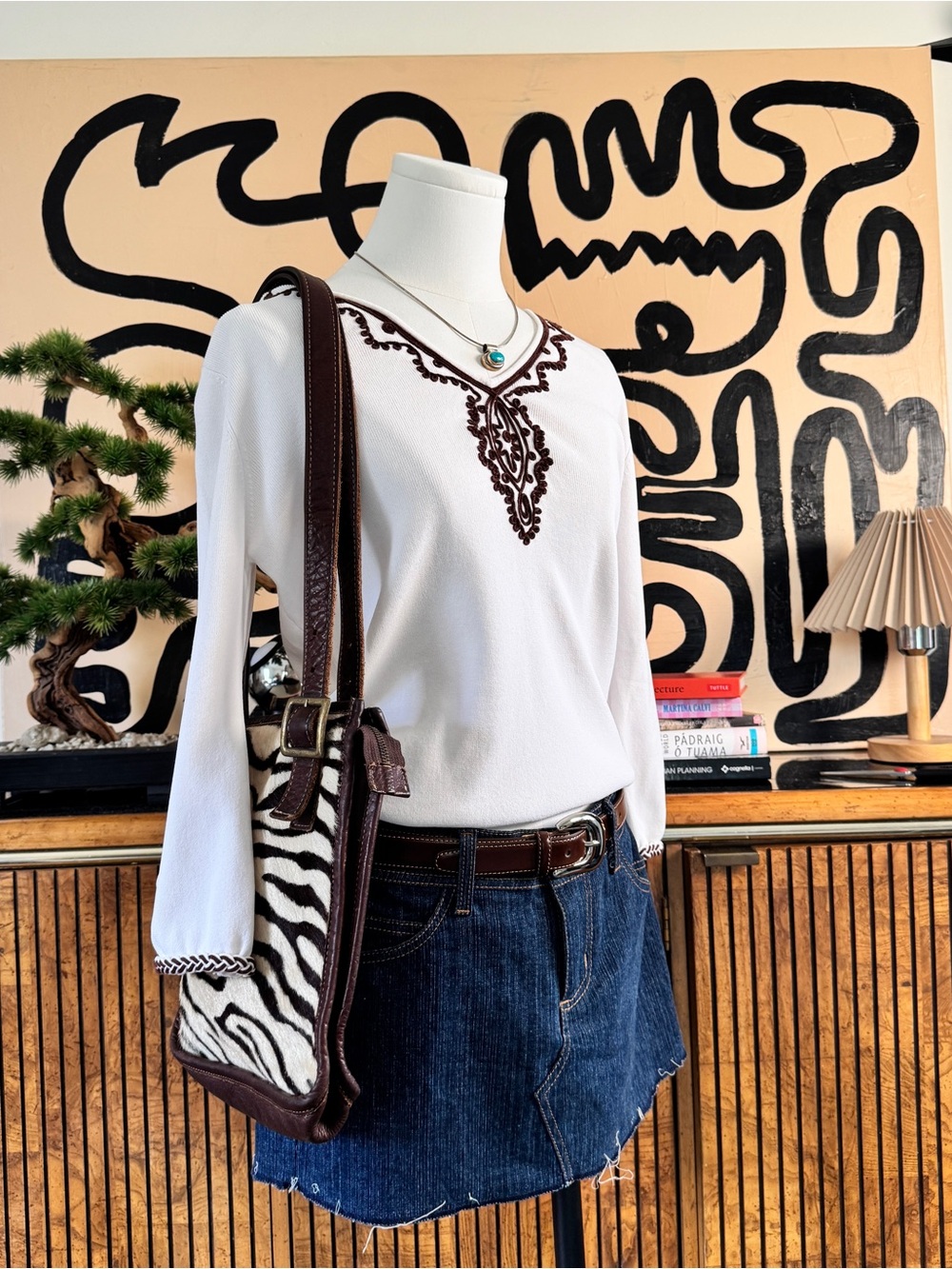 White Brown Embroidered V-Neck Top Vintage Boho Blouse